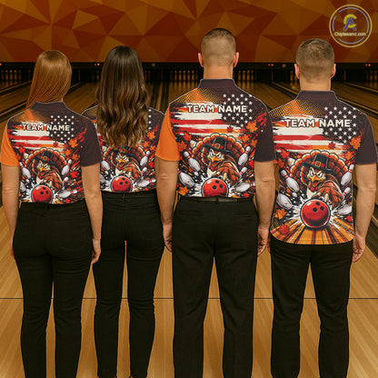 Custom Funny Thanksgiving Turkey American Flag Bowling Men Polo Shirts, Bowling League Shirt NBT1236
