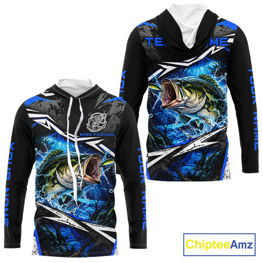 Personalized Blue Bass Fishing Jerseys, Bass Long Sleeve Hooded Tournament Fishing Shirts For Men NBT1238
