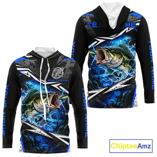 Personalized Blue Bass Fishing Jerseys, Bass Long Sleeve Hooded Tournament Fishing Shirts For Men NBT1238