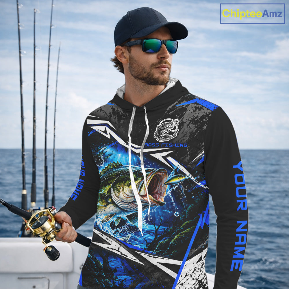 Personalized Blue Bass Fishing Jerseys, Bass Long Sleeve Hooded Tournament Fishing Shirts For Men NBT1238