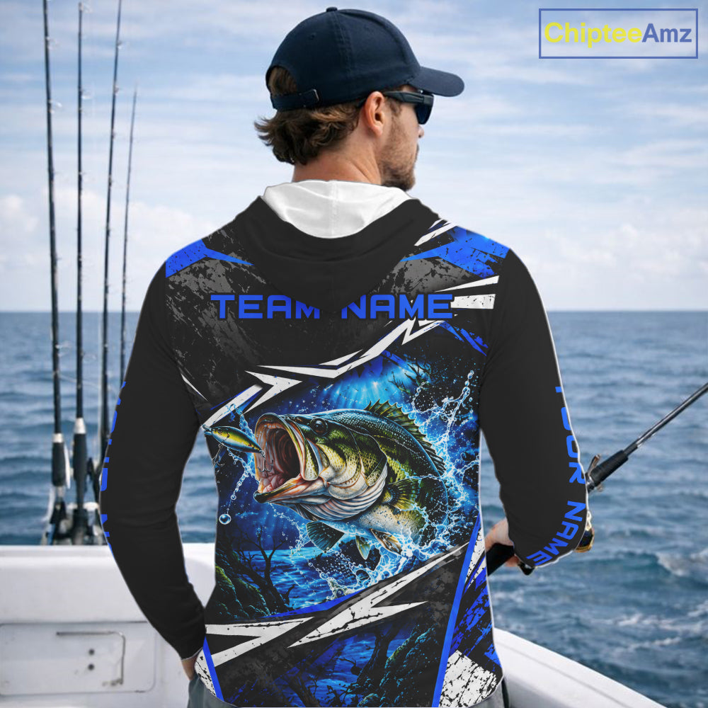 Personalized Blue Bass Fishing Jerseys, Bass Long Sleeve Hooded Tournament Fishing Shirts For Men NBT1238