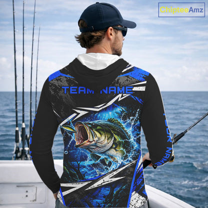 Personalized Blue Bass Fishing Jerseys, Bass Long Sleeve Hooded Tournament Fishing Shirts For Men NBT1238