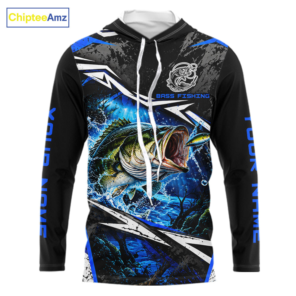 Personalized Blue Bass Fishing Jerseys, Bass Long Sleeve Hooded Tournament Fishing Shirts For Men NBT1238