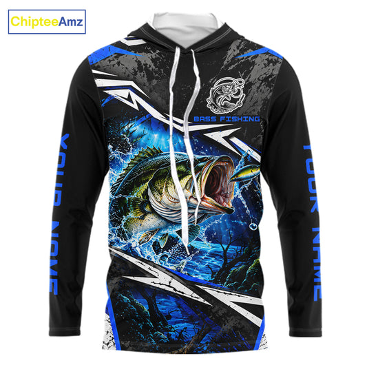 Personalized Blue Bass Fishing Jerseys, Bass Long Sleeve Hooded Tournament Fishing Shirts For Men NBT1238