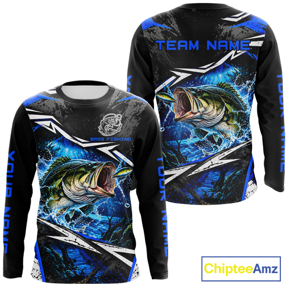 Personalized Blue Bass Fishing Jerseys, Bass Long Sleeve Tournament Fishing Shirts For Men NBT1238