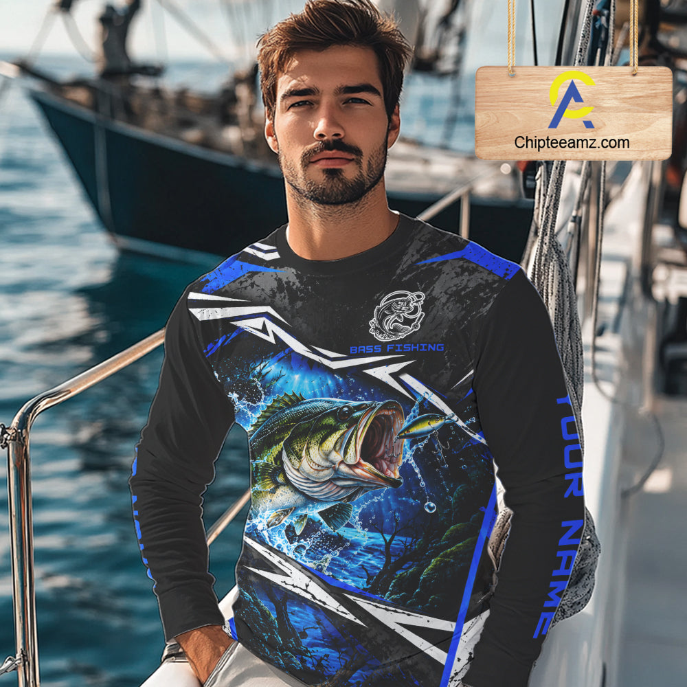 Personalized Blue Bass Fishing Jerseys, Bass Long Sleeve Tournament Fishing Shirts For Men NBT1238