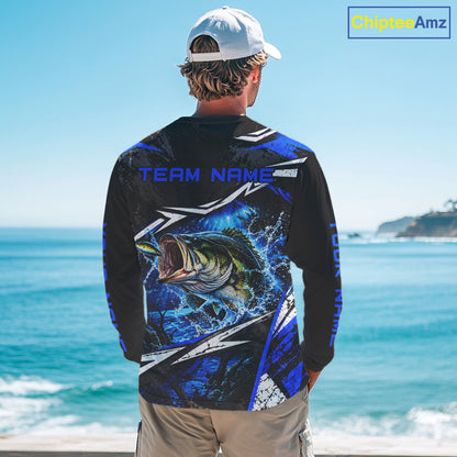 Personalized Blue Bass Fishing Jerseys, Bass Long Sleeve Tournament Fishing Shirts For Men NBT1238