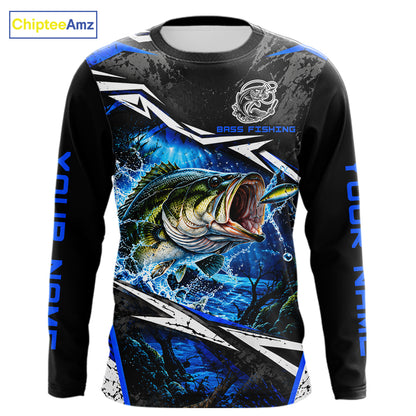 Personalized Blue Bass Fishing Jerseys, Bass Long Sleeve Tournament Fishing Shirts For Men NBT1238
