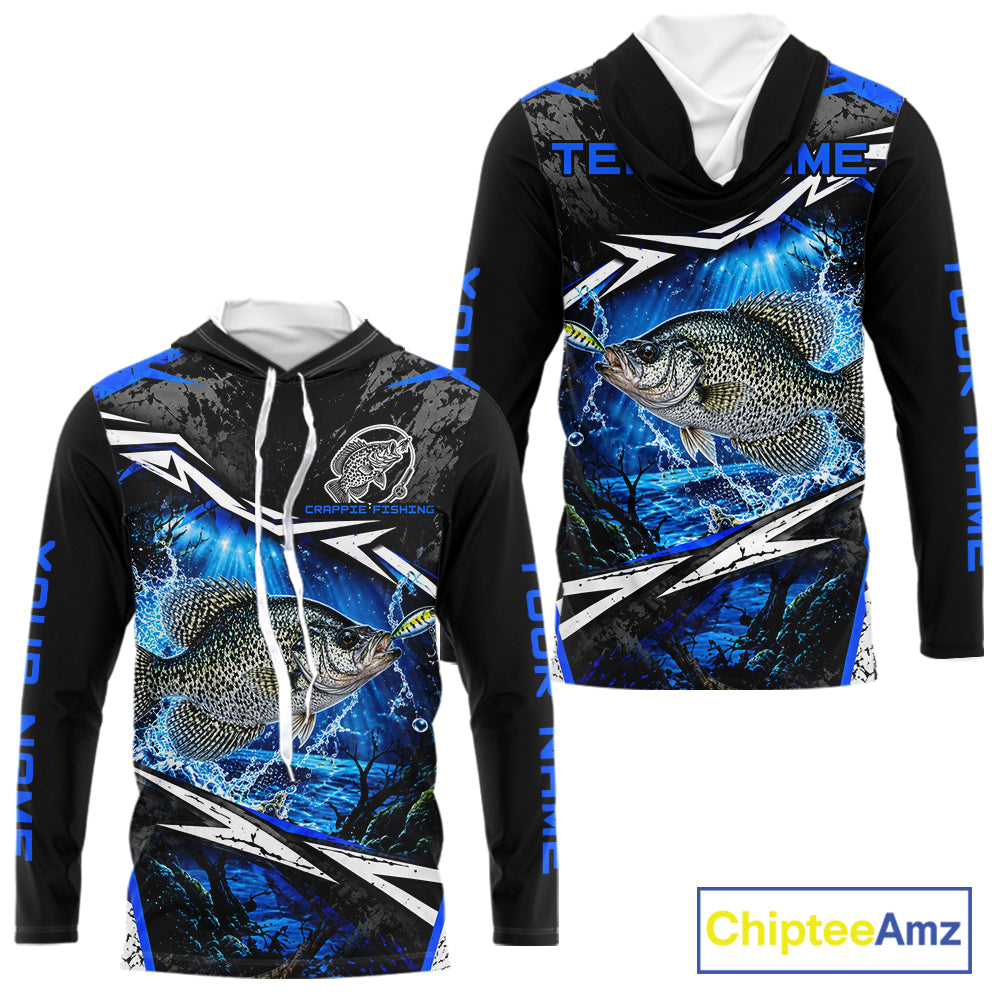 Personalized Blue Crappie Fishing Jerseys, Crappie Long Sleeve Hooded Tournament Fishing Shirts For Men NBT1239