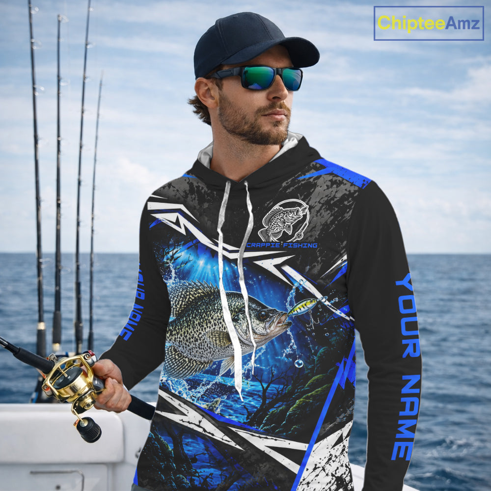 Personalized Blue Crappie Fishing Jerseys, Crappie Long Sleeve Hooded Tournament Fishing Shirts For Men NBT1239