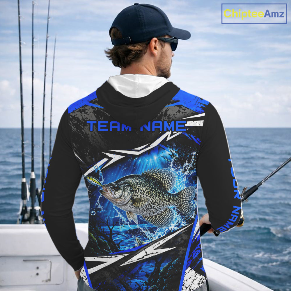 Personalized Blue Crappie Fishing Jerseys, Crappie Long Sleeve Hooded Tournament Fishing Shirts For Men NBT1239