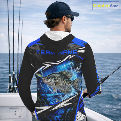 Personalized Blue Crappie Fishing Jerseys, Crappie Long Sleeve Hooded Tournament Fishing Shirts For Men NBT1239