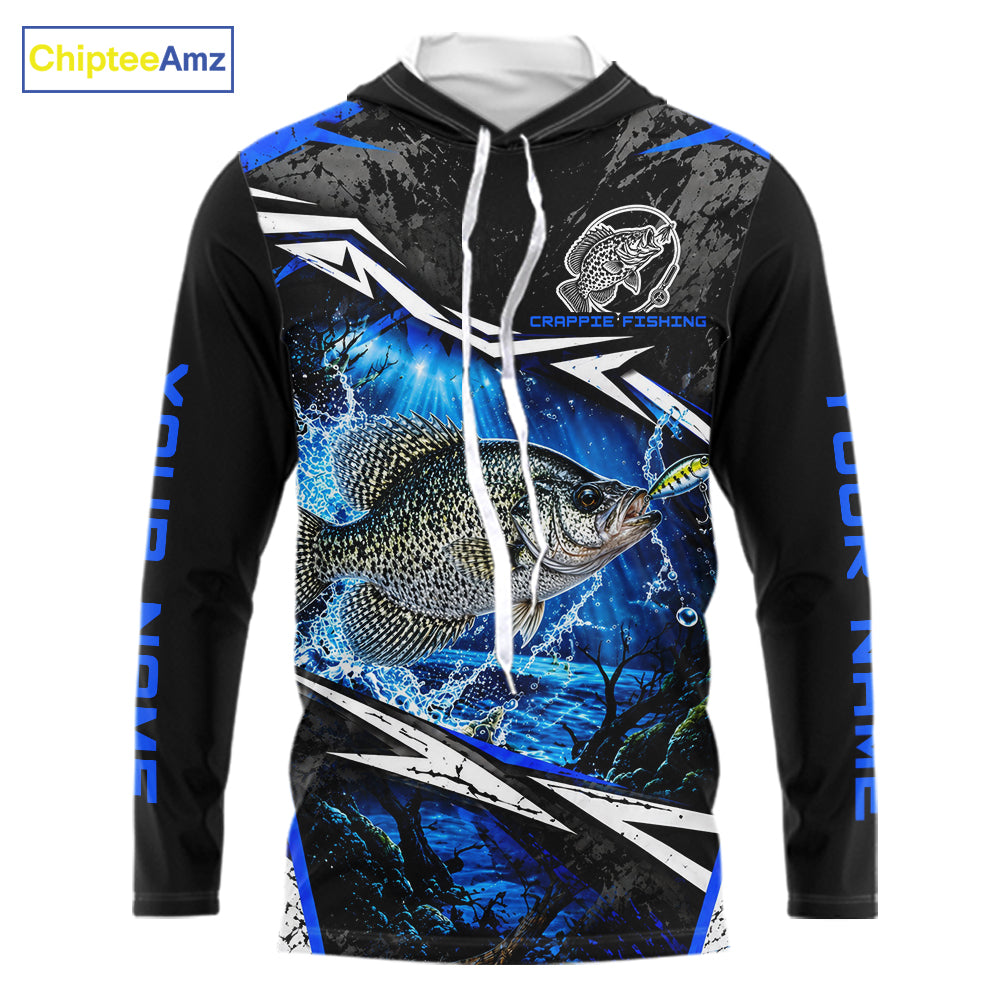 Personalized Blue Crappie Fishing Jerseys, Crappie Long Sleeve Hooded Tournament Fishing Shirts For Men NBT1239