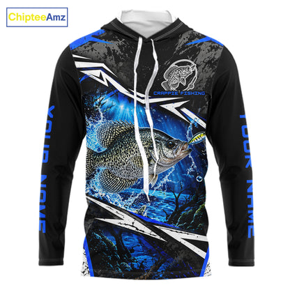 Personalized Blue Crappie Fishing Jerseys, Crappie Long Sleeve Hooded Tournament Fishing Shirts For Men NBT1239