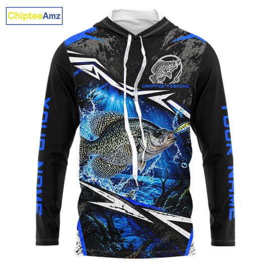 Personalized Blue Crappie Fishing Jerseys, Crappie Long Sleeve Hooded Tournament Fishing Shirts For Men NBT1239