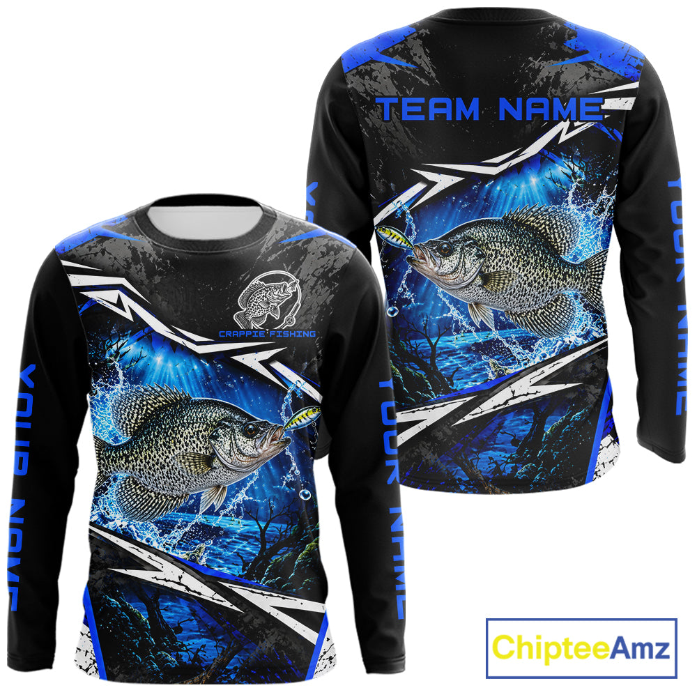 Personalized Blue Crappie Fishing Jerseys, Crappie Long Sleeve Tournament Fishing Shirts For Men NBT1239