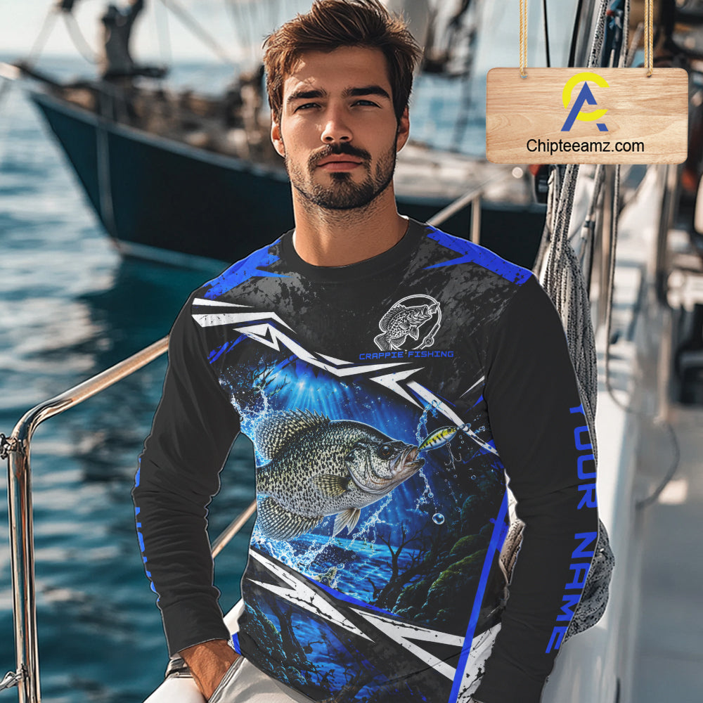 Personalized Blue Crappie Fishing Jerseys, Crappie Long Sleeve Tournament Fishing Shirts For Men NBT1239