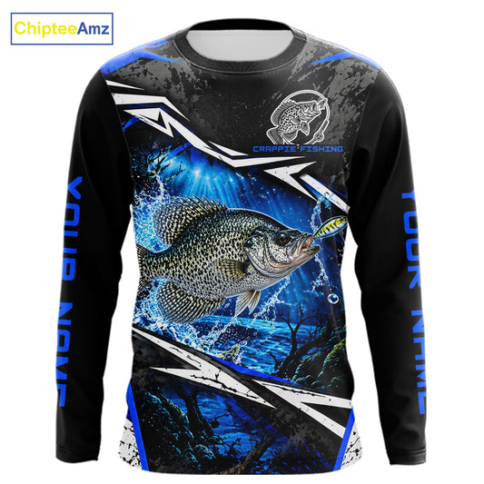 Personalized Blue Crappie Fishing Jerseys, Crappie Long Sleeve Tournament Fishing Shirts For Men NBT1239