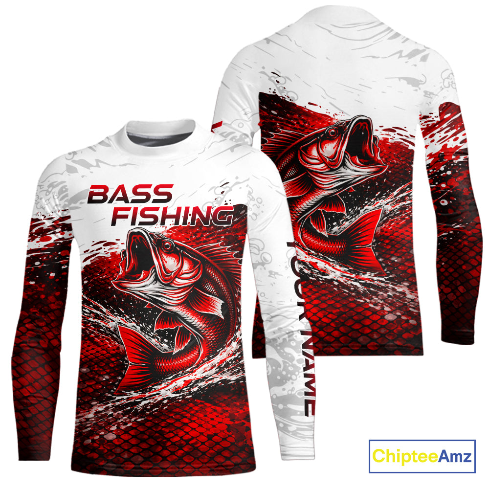 Custom Largemouth Bass Red Fish Scale Kid Long Sleeve Fishing Shirts, Bass Fishing Jerseys|Red NBT344