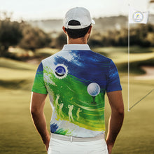 Load image into Gallery viewer, Mens Golf Polo Shirts Custom Name Blue And Green Golf Shirt, Tournament Golf Tops For Mens NBT546