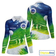 Load image into Gallery viewer, Womens Golf Polo Shirts Custom Name Blue And Green Golf Shirt, Tournament Golf Tops For Ladies NBT546