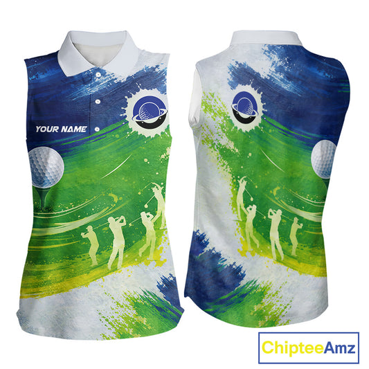 Womens Sleeveless Golf Polo Shirts Custom Name Blue And Green Golf Shirt, Tournament Golf Tops For Womens NBT546
