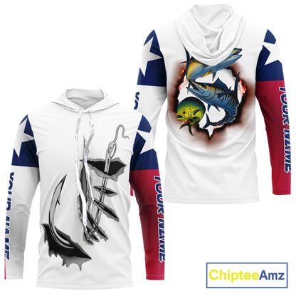 Personalized Texas Flag Mahi Mahi, Wahoo, Tuna Performance Long Sleeve Hooded Fishing Shirts NBT690