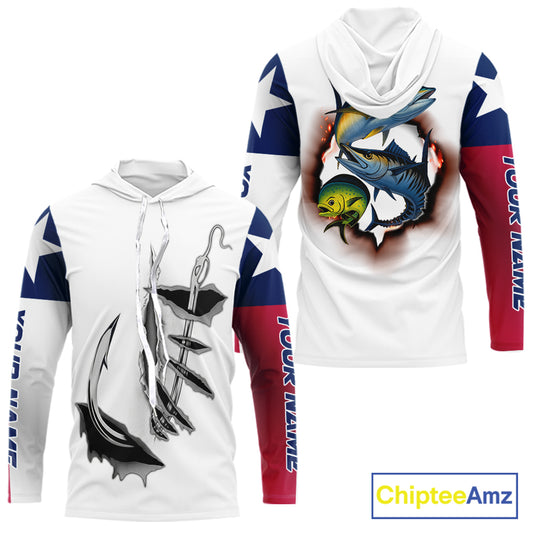 Personalized Texas Flag Mahi Mahi, Wahoo, Tuna Performance Long Sleeve Hooded Fishing Shirts NBT690