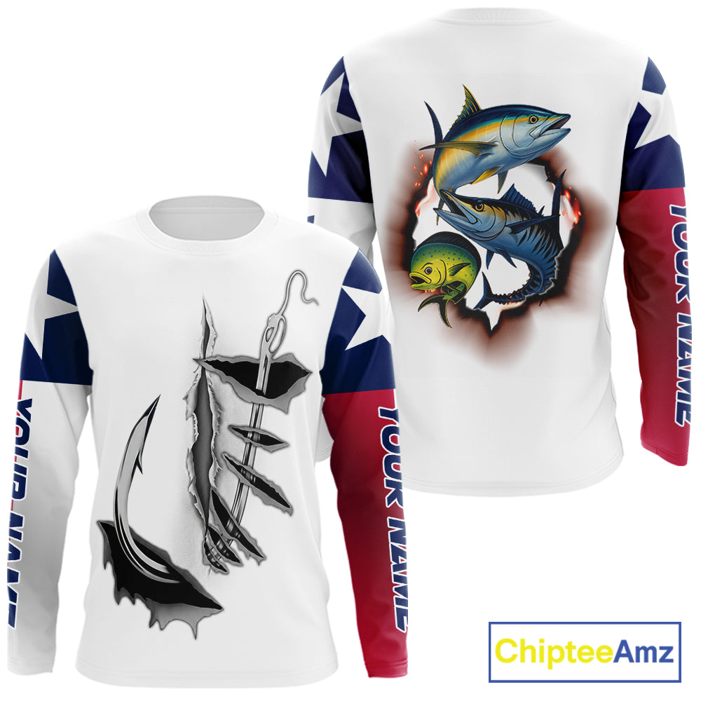 Personalized Texas Flag Mahi Mahi, Wahoo, Tuna Performance Long Sleeve Fishing Shirts NBT690