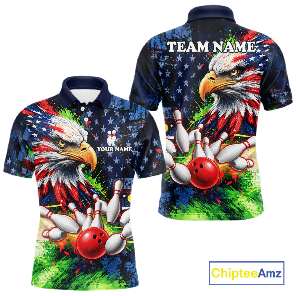 American Flag Bald Eagle Bowling 3D Polo & Quarter-Zip Men Bowling Team Jersey Bowling Outfit NBT1247