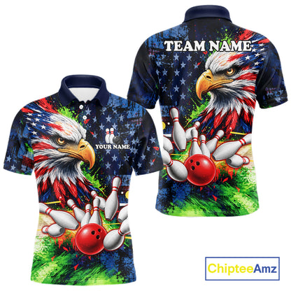 American Flag Bald Eagle Bowling 3D Polo & Quarter-Zip Men Bowling Team Jersey Bowling Outfit NBT1247
