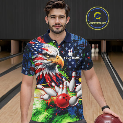 American Flag Bald Eagle Bowling 3D Polo & Quarter-Zip Men Bowling Team Jersey Bowling Outfit NBT1247
