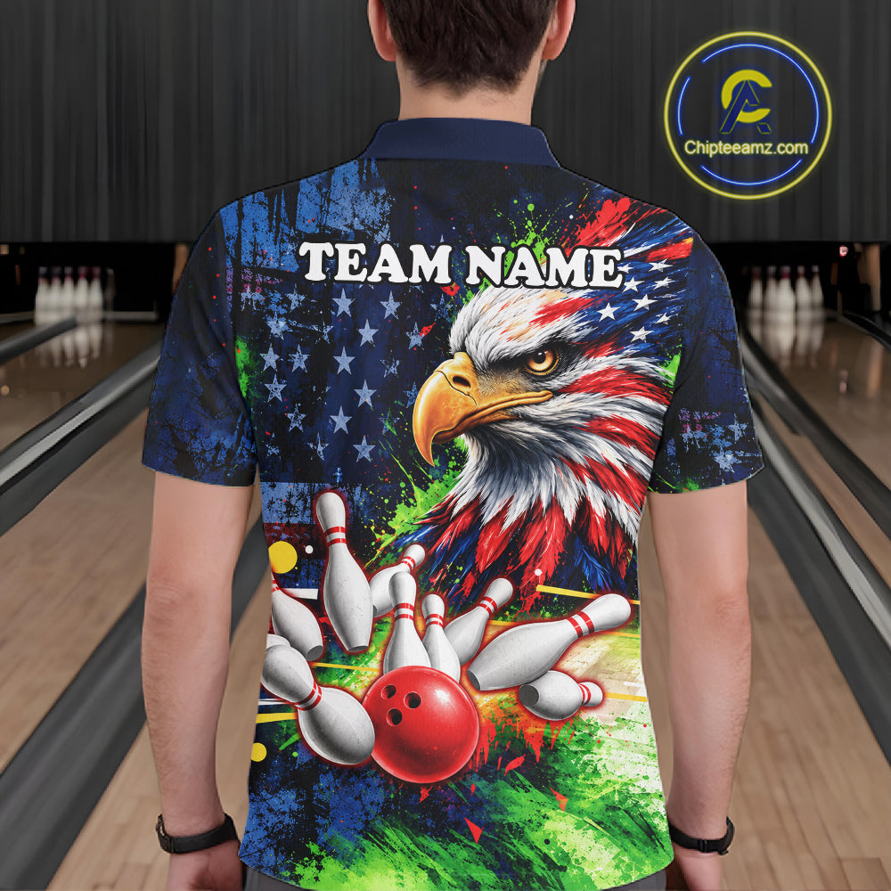 American Flag Bald Eagle Bowling 3D Polo & Quarter-Zip Men Bowling Team Jersey Bowling Outfit NBT1247