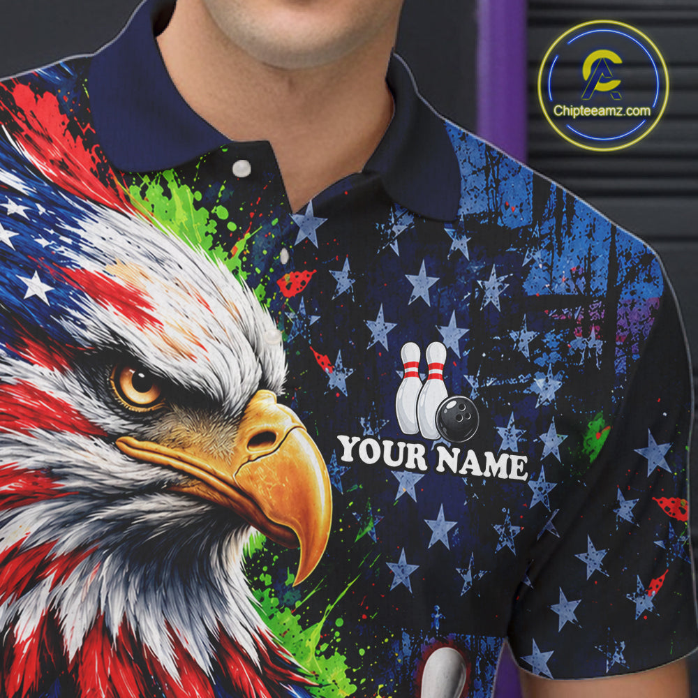 American Flag Bald Eagle Bowling 3D Polo & Quarter-Zip Men Bowling Team Jersey Bowling Outfit NBT1247