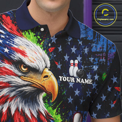 American Flag Bald Eagle Bowling 3D Polo & Quarter-Zip Men Bowling Team Jersey Bowling Outfit NBT1247
