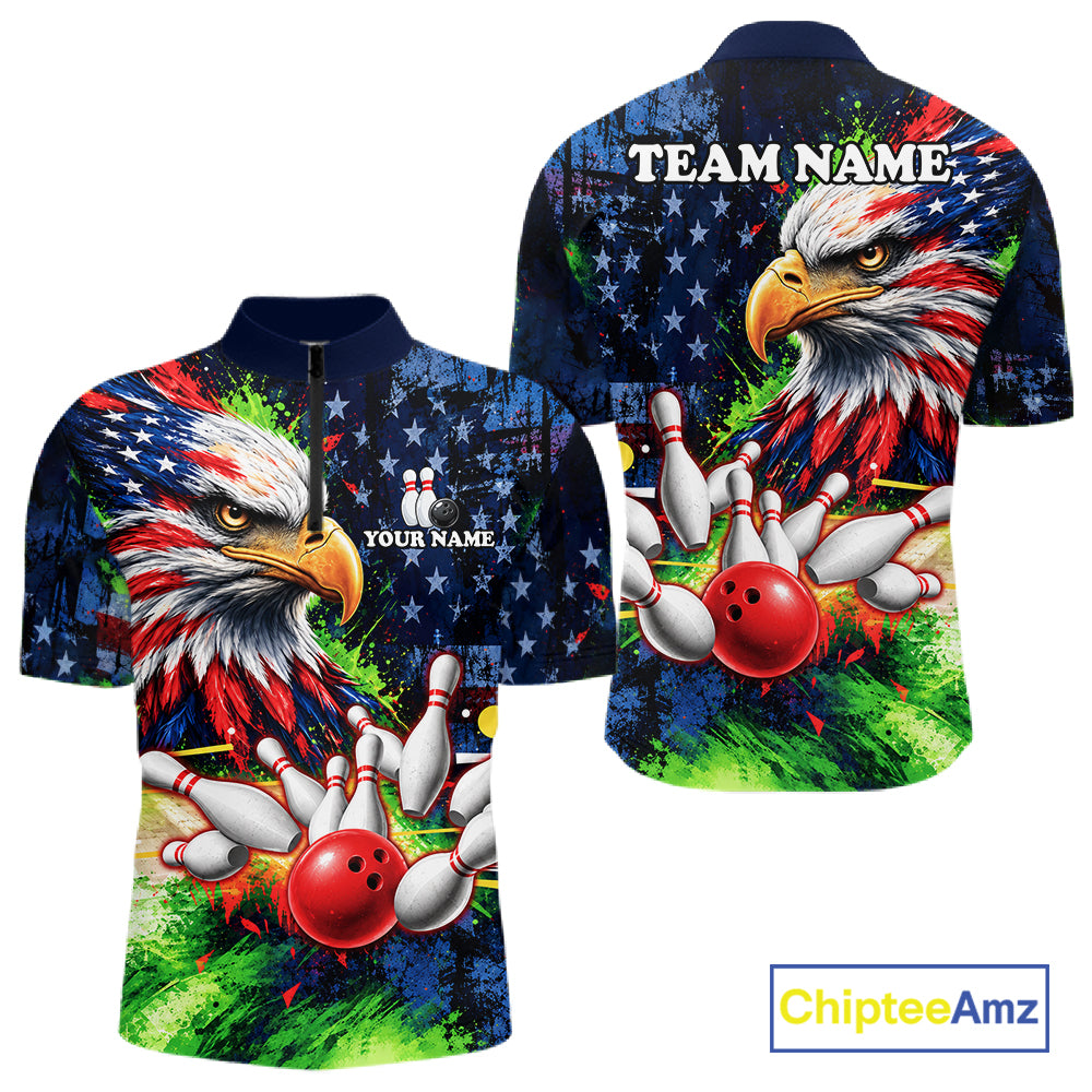 American Flag Bald Eagle Bowling 3D Polo & Quarter-Zip Men Bowling Team Jersey Bowling Outfit NBT1247