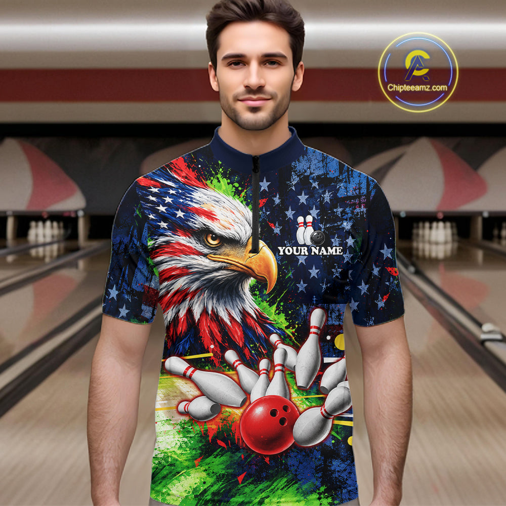 American Flag Bald Eagle Bowling 3D Polo & Quarter-Zip Men Bowling Team Jersey Bowling Outfit NBT1247