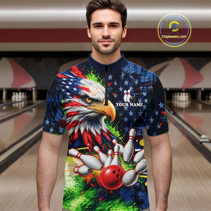 American Flag Bald Eagle Bowling 3D Polo & Quarter-Zip Men Bowling Team Jersey Bowling Outfit NBT1247