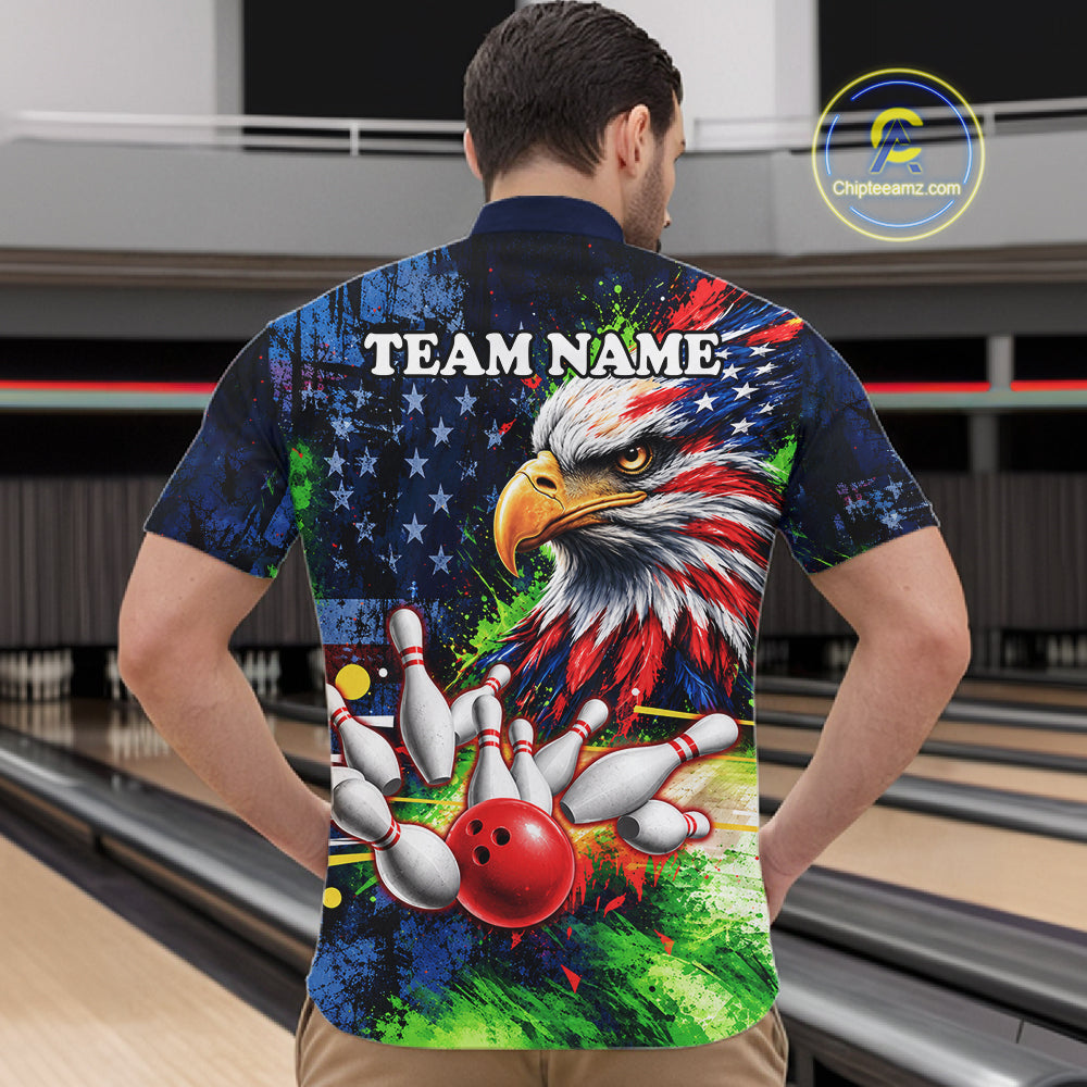 American Flag Bald Eagle Bowling 3D Polo & Quarter-Zip Men Bowling Team Jersey Bowling Outfit NBT1247