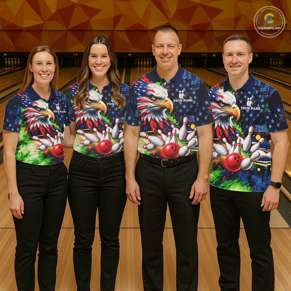 American Flag Bald Eagle Bowling 3D Polo & Quarter-Zip Men Bowling Team Jersey Bowling Outfit NBT1247