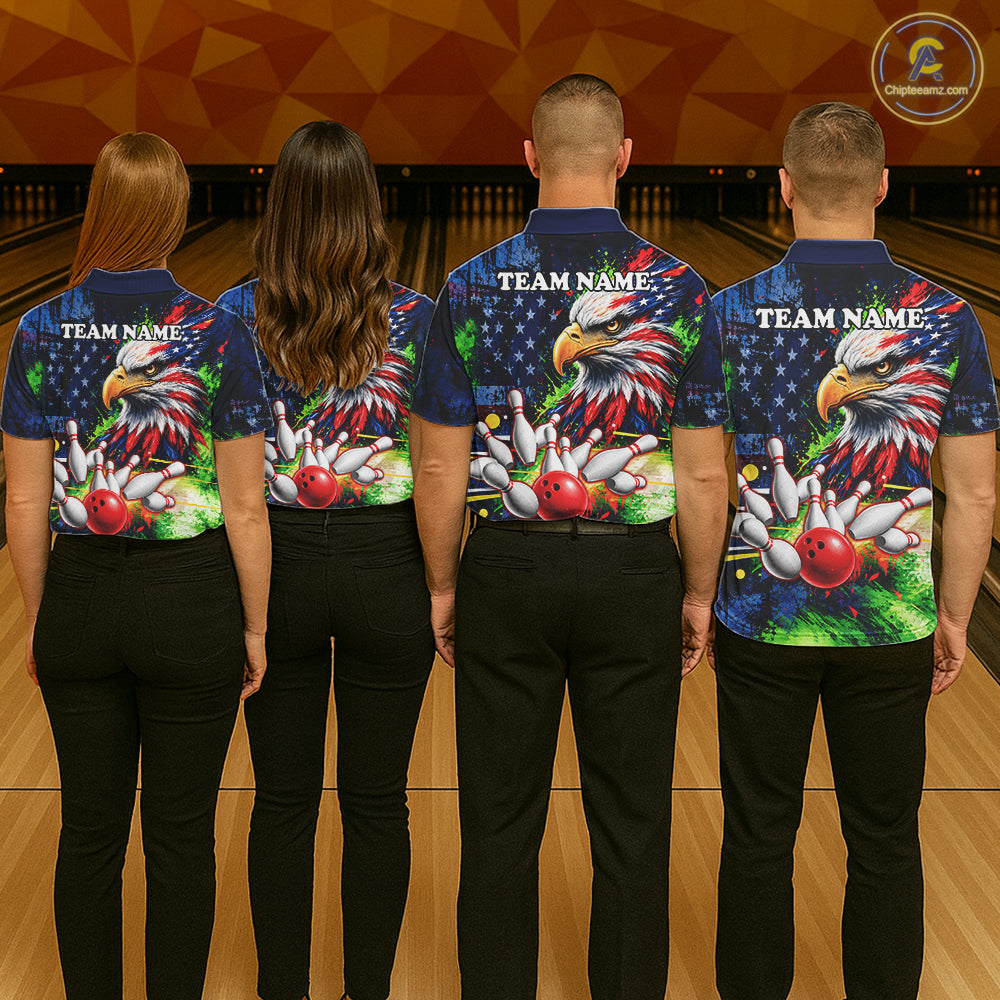 American Flag Bald Eagle Bowling 3D Polo & Quarter-Zip Men Bowling Team Jersey Bowling Outfit NBT1247