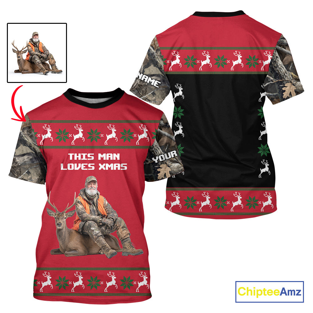 The Season Gifts For Deer Hunting Lovers Hunters Personalized Photo Ugly Hunting Christmas Shirt NBT300