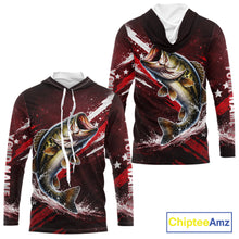 Load image into Gallery viewer, American Flag Fishing Shirt, Bass Long Sleeve Hooded Fishing Shirts, Bass Fishing Tournament Shirts|Red NBT434