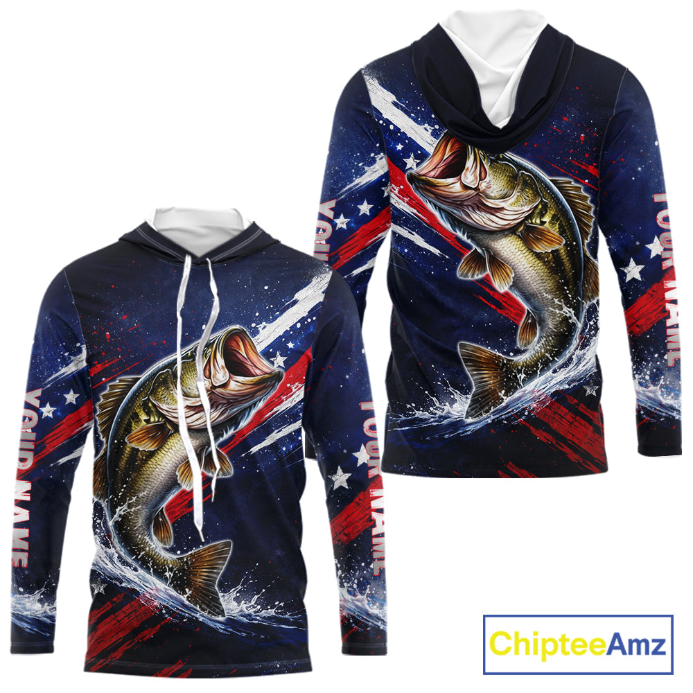 American Flag Fishing Shirt, Bass Long Sleeve Hooded Fishing Shirts, Bass Fishing Tournament Shirts|Blue NBT433