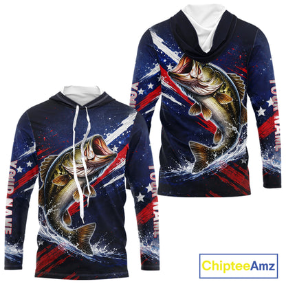 American Flag Fishing Shirt, Bass Long Sleeve Hooded Fishing Shirts, Bass Fishing Tournament Shirts|Blue NBT433
