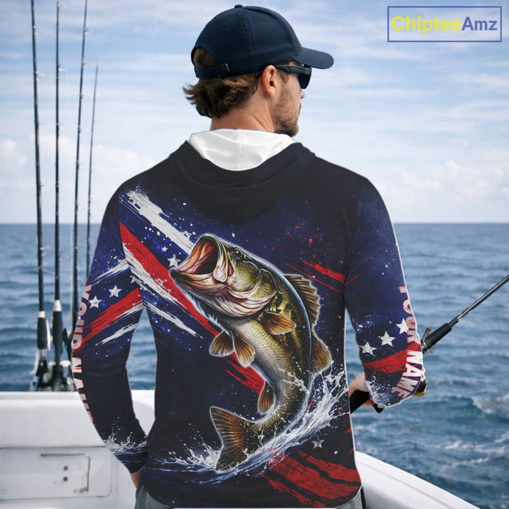 American Flag Fishing Shirt, Bass Long Sleeve Hooded Fishing Shirts, Bass Fishing Tournament Shirts|Blue NBT433