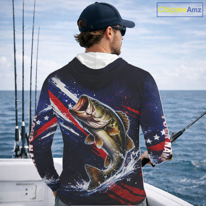 American Flag Fishing Shirt, Bass Long Sleeve Hooded Fishing Shirts, Bass Fishing Tournament Shirts|Blue NBT433