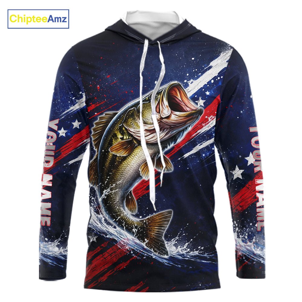 American Flag Fishing Shirt, Bass Long Sleeve Hooded Fishing Shirts, Bass Fishing Tournament Shirts|Blue NBT433