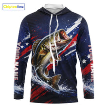 Load image into Gallery viewer, American Flag Fishing Shirt, Bass Long Sleeve Hooded Fishing Shirts, Bass Fishing Tournament Shirts|Blue NBT433