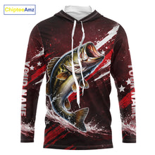 Load image into Gallery viewer, American Flag Fishing Shirt, Bass Long Sleeve Hooded Fishing Shirts, Bass Fishing Tournament Shirts|Red NBT434